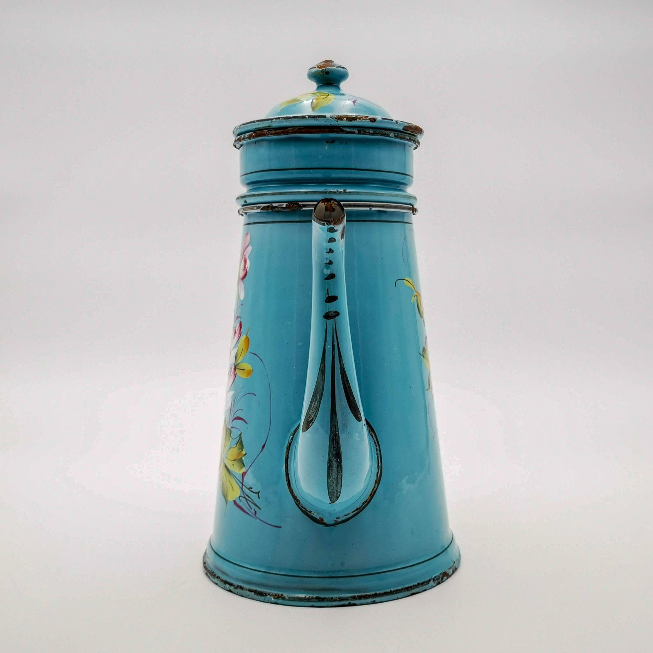 Antique Coffee Maker Enamelled White Marl Blue With Jewelery Blue Collection