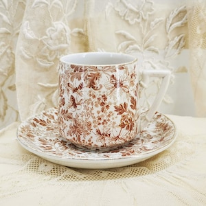 Antique French ironstone cup and saucer, very rare cup and saucer, Sarreguemines Perse, transfer decor of brown foliage and insects