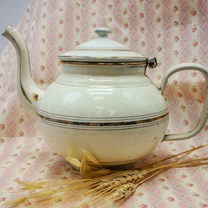Antique enamel tea pot, enameled beige teapot with gilded fillets, signed Email Japy Anzin, antique enameled teapot, collectable teapot