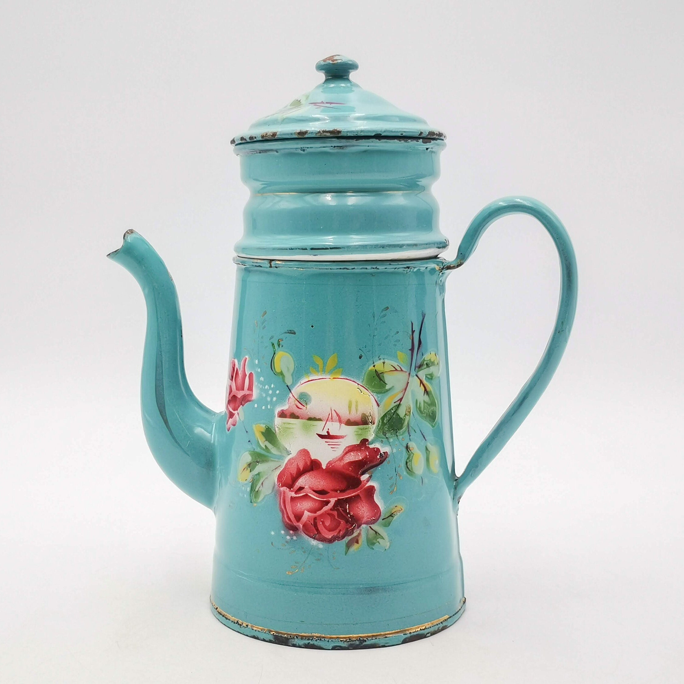 Antique French Enamel Coffee Pot, Teal Blue Roses Landscape, Japy