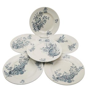 Set of 6 antique Saint Amand Terre de Fer plates, French blue transferware birds and florals, early 1900s