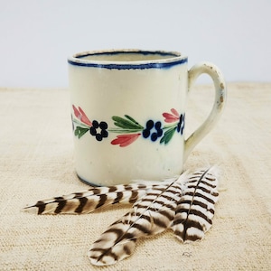 Antique ceramic mug, Italian ceramic mug, antique mug - cup rustic decor with hand painted flowers in blue, pink and green, no mark