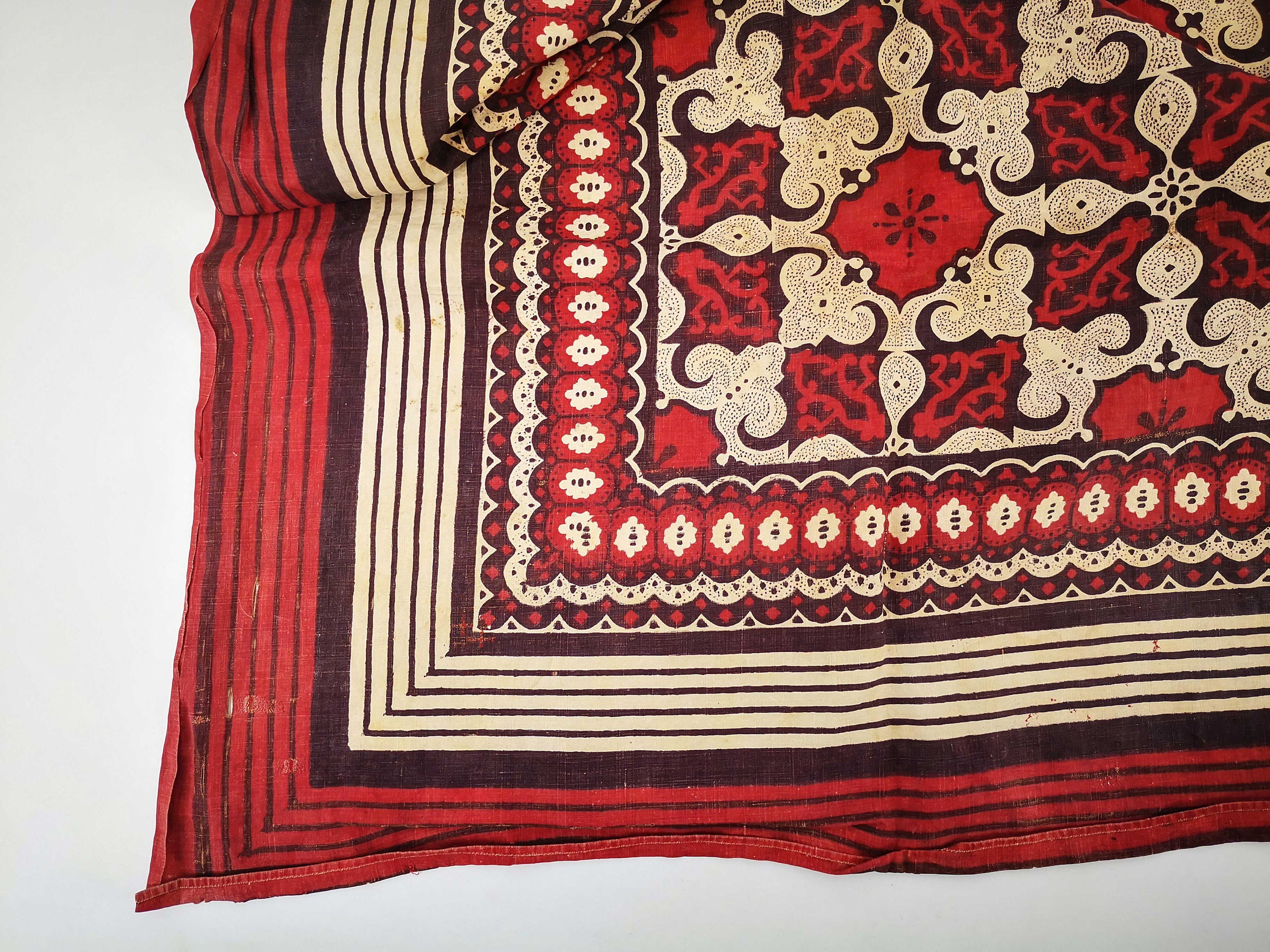 Antique French Cotton Head Scarf, Block Printed Collectible Square