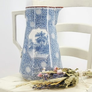 Antique French ironstone pitcher, ceramic bathroom pitcher, blue transfer decor with landscape & grapes U. C.ie Sarreguemines model Brabant