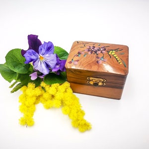 Antique FRENCH olive wood Box, antique Souvenir box, hand painted with violets & mimosas, olive wood souvenir de Vichy box,  early 1900&#39;s