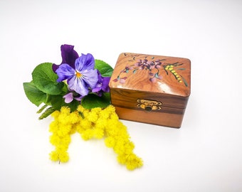 Antique French Olive Wood Box, Hand Painted Floral Souvenir de Vichy