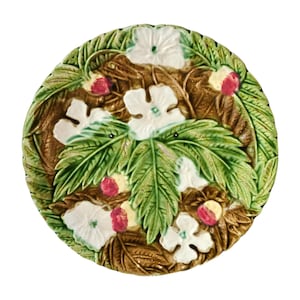 Antique French barbotine ceramic plate with relief leaves flowers and wild strawberries, vintage majolica wall decor collectible