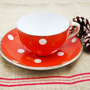Antique French ceramic tea cup and saucer, red, polka dots design, antique french cup & saucer, Digoin Sarreguemines tea cup and saucer