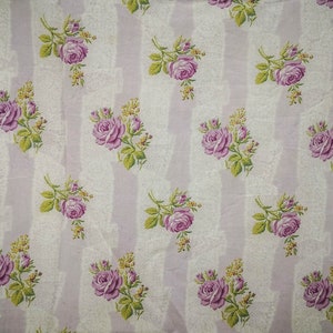 Antique French fabric, medium weight cotton, design of lilac roses & stripes, Edwardian era French fabric, antique French textile