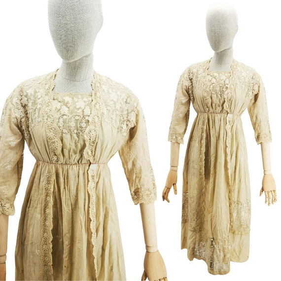 Antique French beige dress, late Edwardian era af… - image 1