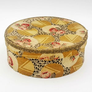 Antique french fabric Boudoir box, vintage french textile box pink roses & Art Decò geometries, antique boudoir box french home decor