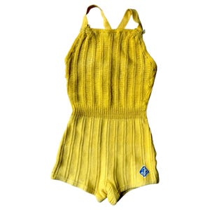 1940s Yellow Wool Knit Swimsuit with Crisscross Back Straps, Vintage One Piece Bathing Suit, Rare Collector&#39;s Beachwear, Original Label