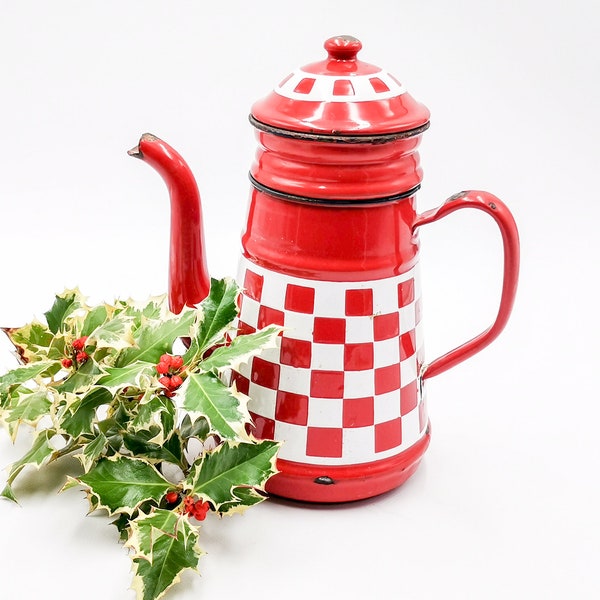 Enameled French red COFFEE POT LUSTUCRU Checks, Enameled coffee pot, Antique enameled coffee pot, coffee pot, French enamel coffee pot