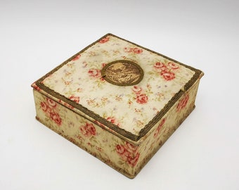 Antique French Fabric-Covered Box, Early 1900s, Ikat Floral Motif, Miniature Couple Scene