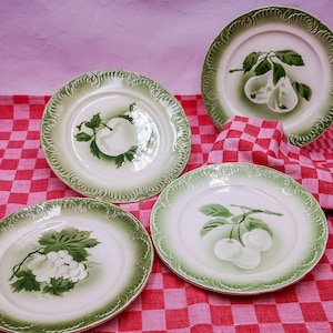 Antique French earthenware plates, signed Digoin Sarreguamines, antique french plates fruits decor & green border, decor antique plates
