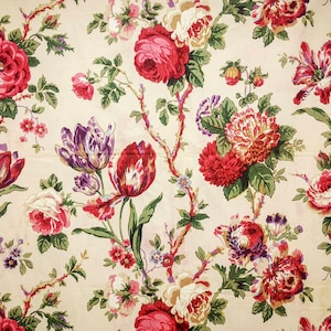 Antique French fabric, arborescent / floral  panel from 1920&#39;s, design of roses, tulips, peonies & other flowers, painterly design fabric
