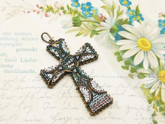 Antique Italian micro mosaic cross pendant, vinta… - image 10