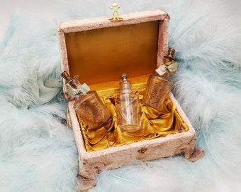 Cofanetto di profumo francese vintage con nota scritta a mano - Custodia antica in velluto e bottiglie di profumo del 1800