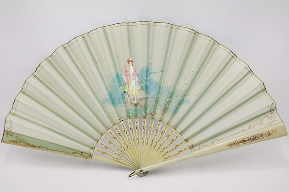 Antique French hand fan, folding fan with wooden … - image 2