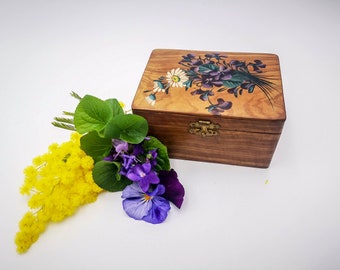 Antique FRENCH olive wood Box, antique Souvenir box, hand painted with violets and daisies, olive wood souvenir box early 1900, trinket box