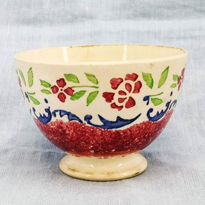 Antique French cafè au lait bowl earthenware stencil & sponge decoration with flowers, Digoin Sarreguemines antique French cafè au lait bowl