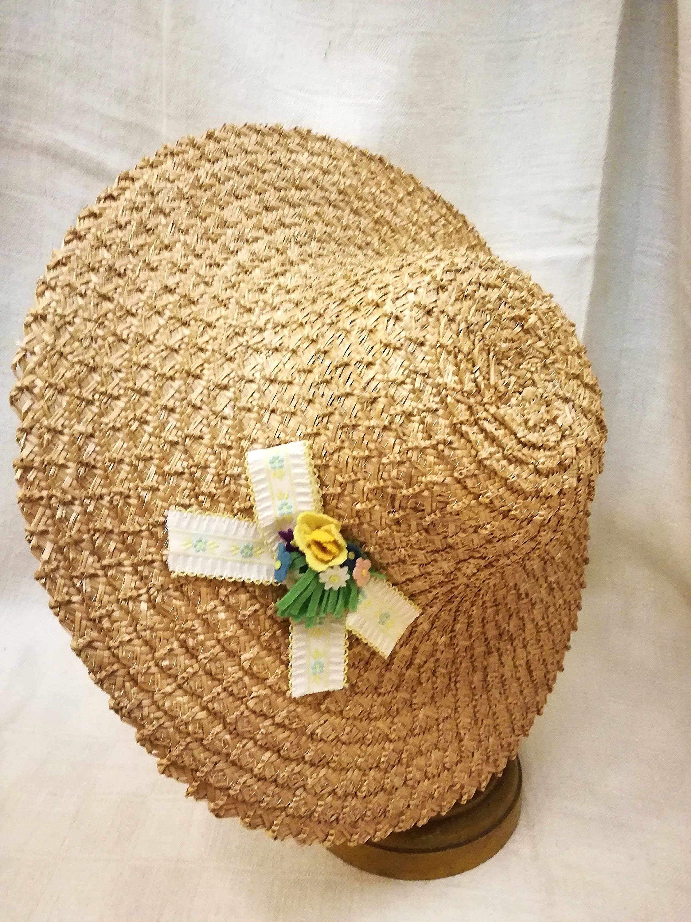 RED STRAW FLOPPY HAT WITH HUGE FLOWER DETAIL FLORENTINO ??a ITALY Vintage Italian Straw Sun Hat, Florence Millinery Flowers  main image 3