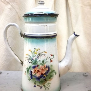 Enameled  French COFFEE BIGGIN Japy shades of blue wild FLOWERS, Enameled coffee pot, Antique enameled coffee pot, French enamel coffee pot