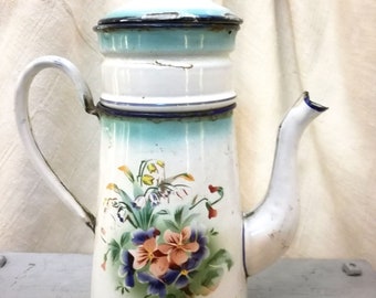 Enameled  French COFFEE BIGGIN Japy shades of blue wild FLOWERS, Enameled coffee pot, Antique enameled coffee pot, French enamel coffee pot