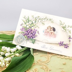 Carte postale Français antique avec violettes, lys de la vallée, éventail avec anges, carte postale de l’époque victorienne Bon Souvenir, écrite, datant de 1906