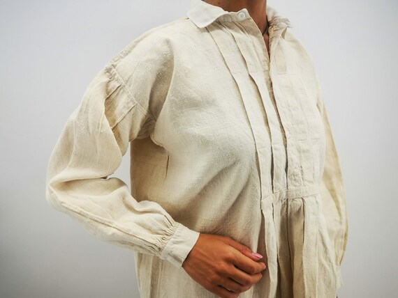 Antique French Worker Shirt, Peasant Natural Homespun Linen 
