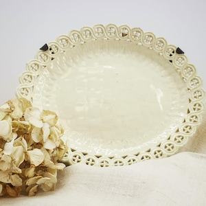 Antique rare Italian white fine earthenware plate, unsigned, oval plate pierced & raised border, antique creamware plate Ceramiche di Pesaro