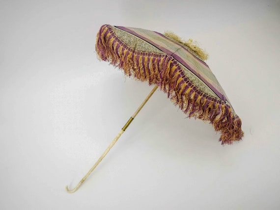 Antique French silk parasol, checkered silk in ma… - image 8