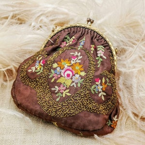 Antique purse - evening bag, brown moiré silk & point de Beauvais hand embroidered roses and flowers, gold metal frame, ribbonwork rosettes