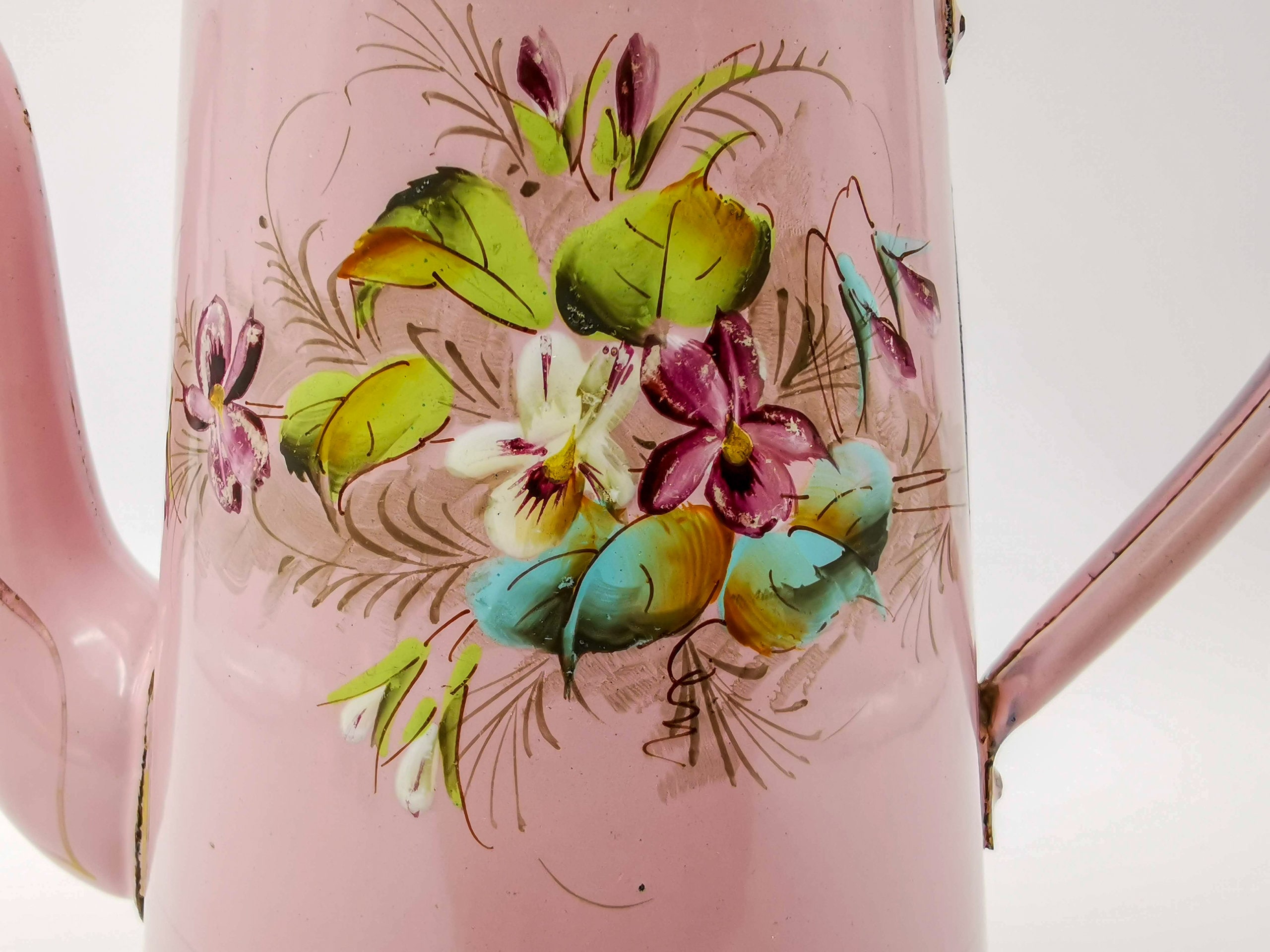 Antique French Enamel Coffee Pot, Pink Violets, Japy Style, 1900s