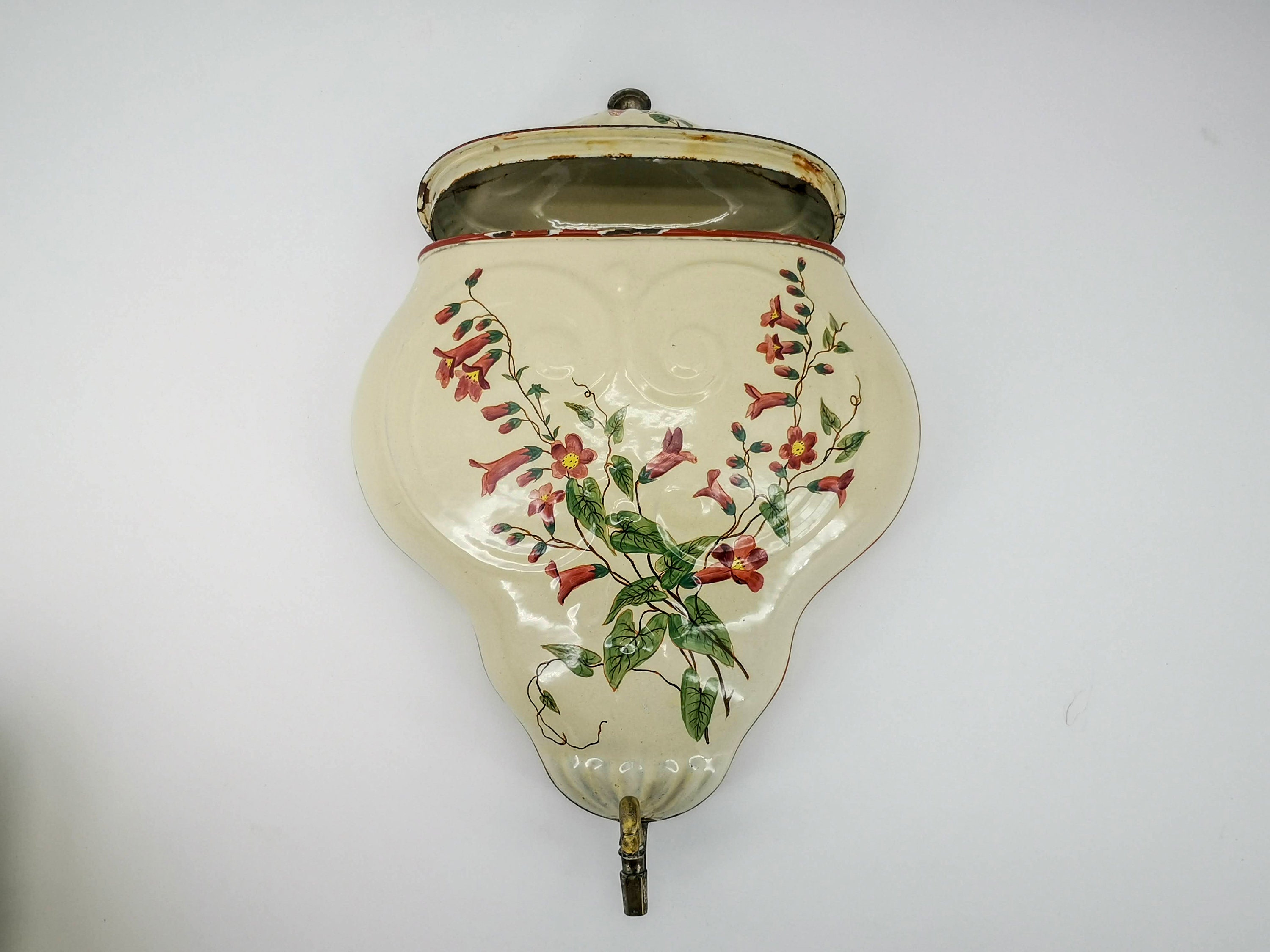 Lot - 19th C. French lavabo, light blue enamel with hand-painted flowers, two  pieces and wall mounted, covered water tank and demi-lune ba