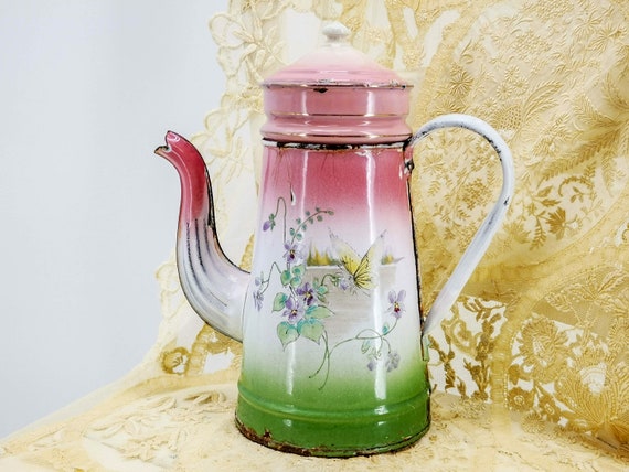 Enamel French Pink Green Shades COFFEE Pot Violets Butterfly Antique Pink Enamel Coffee Biggin Rare Pink Enamel Coffee Pot With Violets Etsy