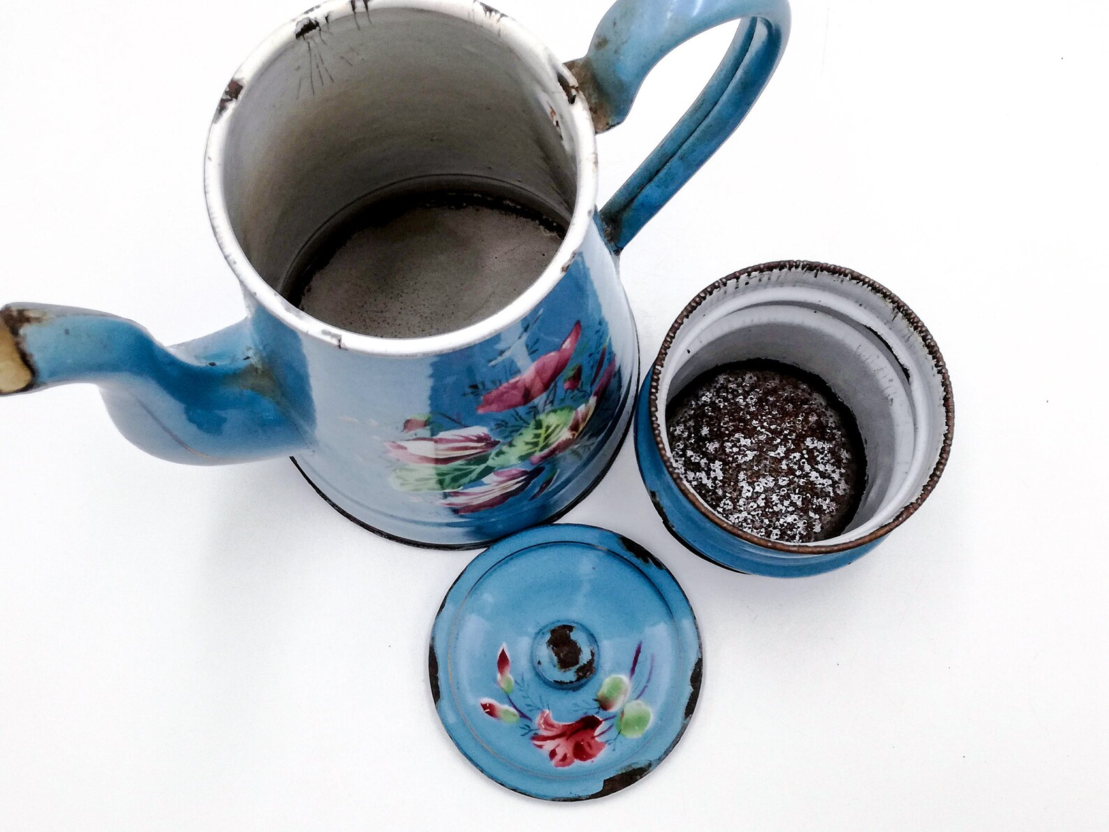 Antique Enamel French Coffee Pot Light Blue and Airbrushed Etsy