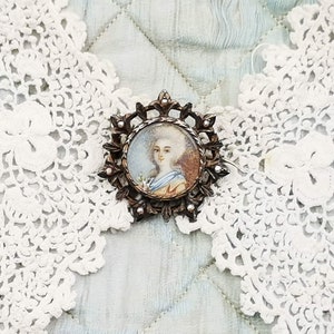 Antique French brooch, hand painted miniature on porcelain of a lady in Marie Antoinette costume, brooch with miniature & micro pearls