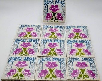 Antique French tile Art Nouveau style, signed Saint Amand, stenciled & airbrushed flowers in purple, green and light blue, antique tiles