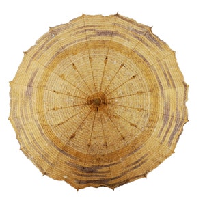 Antique Woven Raffia Parasol, Japanese Style Flat Design, Carved Wooden Handle, Circa 1920s