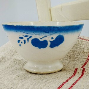 Antique French cafè au lait bowl airbrushed light blue pomegranates vintage french ceramic bowl Sarreguemines, collectable French bowl