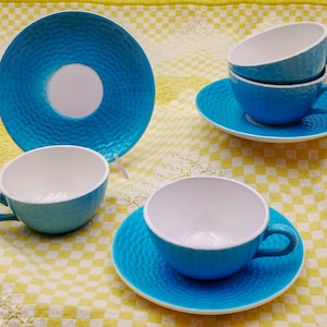 Antique French ceramic coffee cups and saucers, set of 4 cups  and 3 saucers, turquoise blue, antique french cup, Digoin Sarreguemines