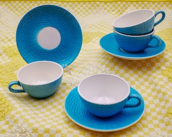 Service de tasses à café antique en céramique, France, Digoin Sarreguemines, bleu turquoise