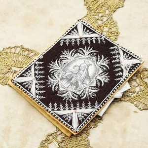 Antique Italian religious scapular, hand embroidered on wool felt with image of Holy Mary printed on silk