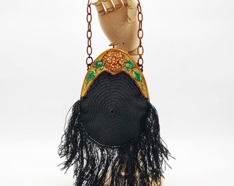 Antiguo bolso francés de crochet negro con flecos y marco de celuloide, bolso de mano de la época de las flappers