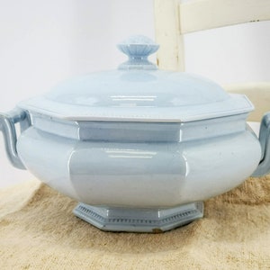 Antique French ironstone soup tureen, pale blue color octagonal soup tureen, raised pearled decor to edges, Creil Montereau octagonal tureen image 2