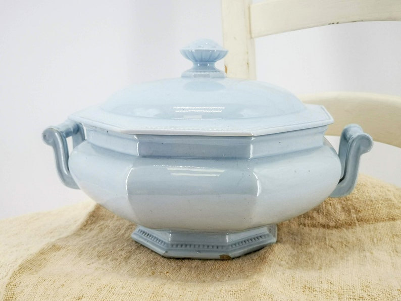 Antique French ironstone soup tureen, pale blue color octagonal soup tureen, raised pearled decor to edges, Creil Montereau octagonal tureen image 2