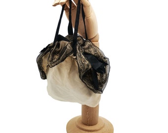 Antique French drawsting bag / purse in pale beige silk with net lace & black silk chiffon, black silk ribbon bows ornaments, flappers' era