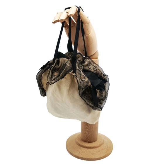 Antique French Silk Drawstring Bag, Lace & Chiffon Flapper Purse