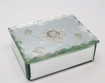 Vintage Art Deco Mirrored Jewelry Box, Beveled Edge Flower Design